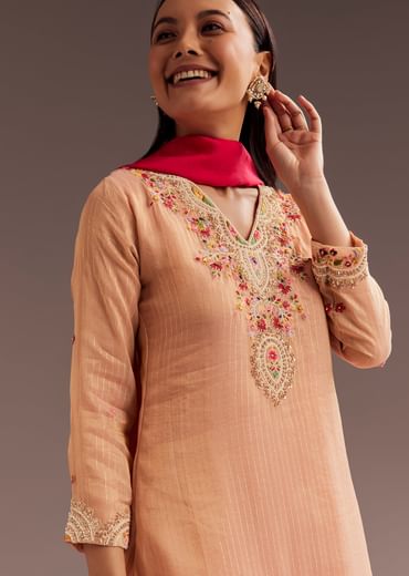 Peach Thread Moti Kurta Palazzo Dupatta Set