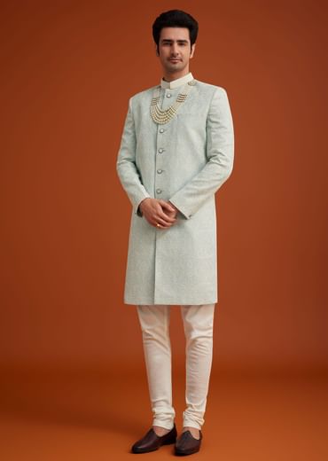 Pista Green Silk Sherwani Set With Bead Work