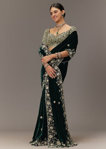 Green Velvet Saree With Brocade Embroidered Blouse
