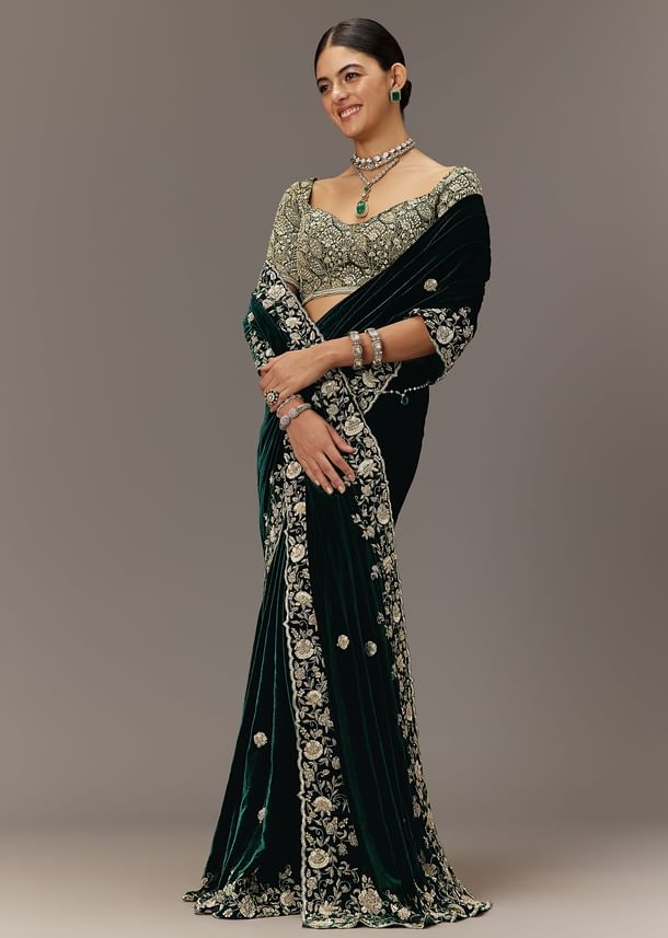 Green Velvet Saree With Brocade Embroidered Blouse