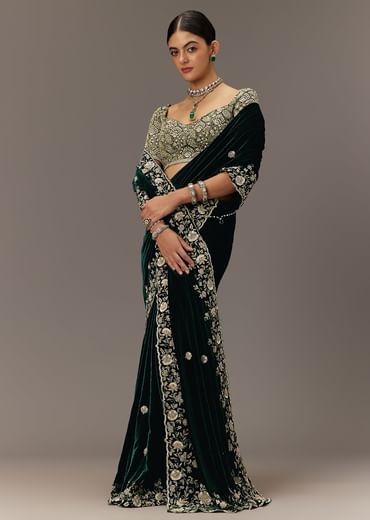Green Velvet Saree With Brocade Embroidered Blouse