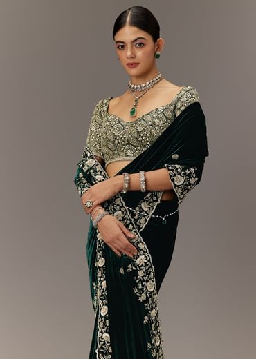 Green Velvet Saree With Brocade Embroidered Blouse