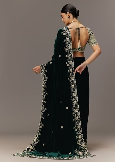 Green Velvet Saree With Brocade Embroidered Blouse