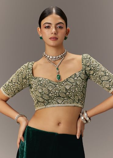 Green Velvet Saree With Brocade Embroidered Blouse