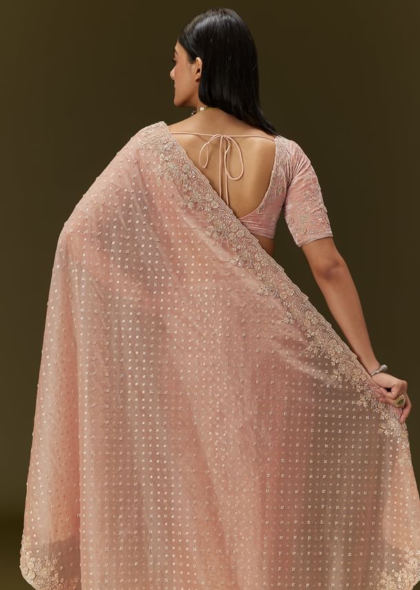 Peach Banarasi Tissue Saree With Velvet Embroidered Blouse