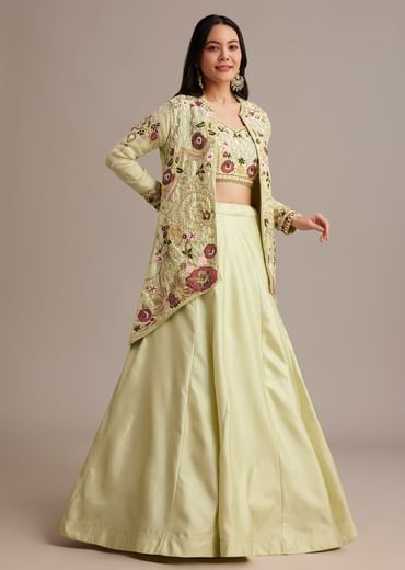 Light Green Silk Jacket Lehenga Set With Thread And Moti Work