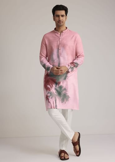 Pink Linen Ombre Kurta Set With Abstract Print