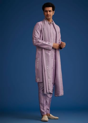 Lilac Kurta Set With Resham Mirror And Zari Embroidery