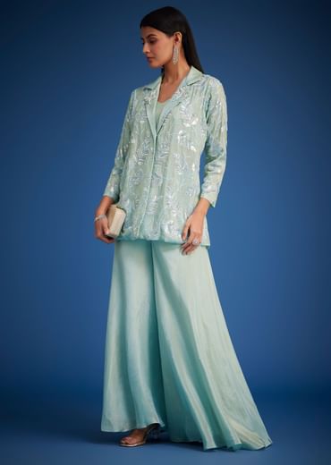Sky Blue Tissue Embroidered Jacket Palazzo Set