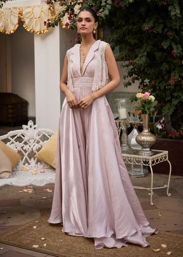 Blushing Peach Organza Jumpsuit With Cutdana Jacket