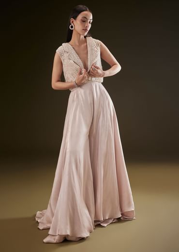 Blushing Peach Organza Jumpsuit With Cutdana Jacket
