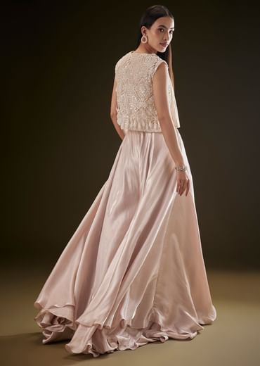 Blushing Peach Organza Jumpsuit With Cutdana Jacket