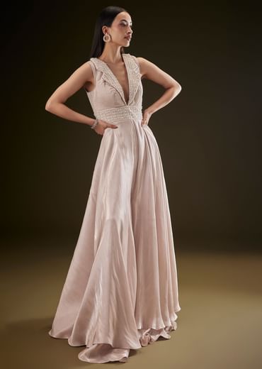 Blushing Peach Organza Jumpsuit With Cutdana Jacket