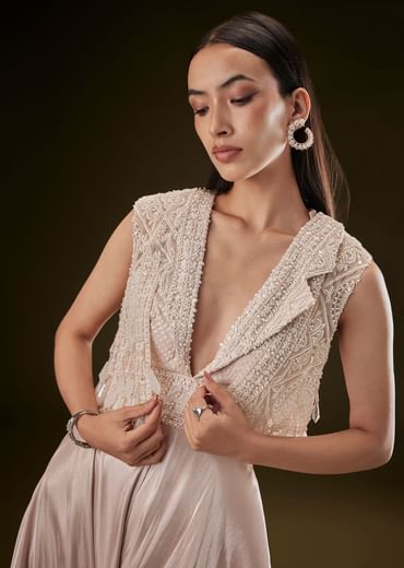 Blushing Peach Organza Jumpsuit With Cutdana Jacket