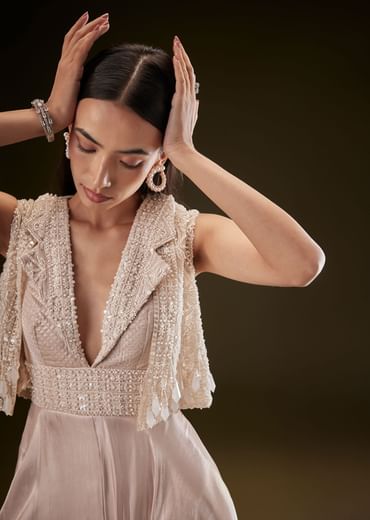 Blushing Peach Organza Jumpsuit With Cutdana Jacket