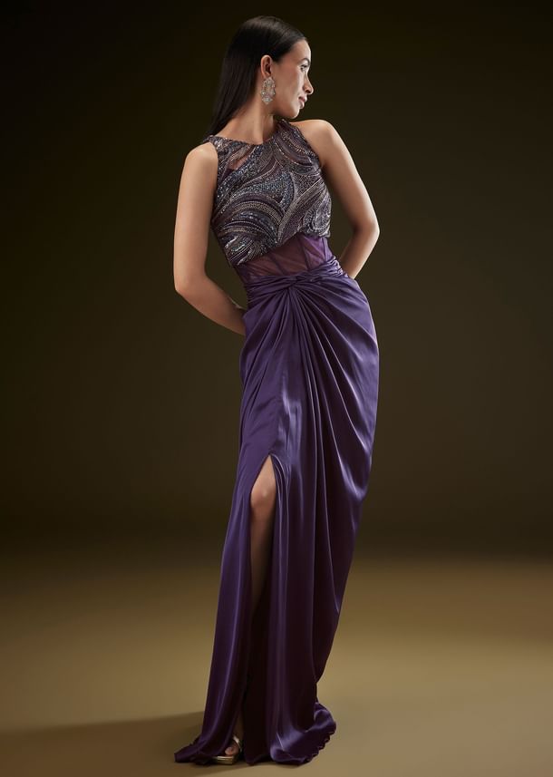 Violet High Neck Embroidered Corset Gown With Twisted Drape