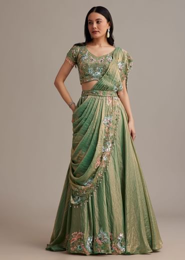 Green Organza Tissue Lehenga Set With Sequins And Bead Work