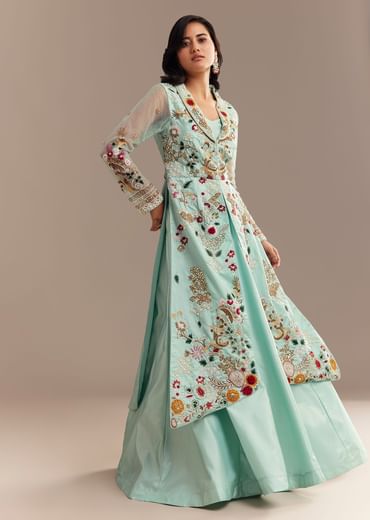 Light Aqua Blue Zardosi Embroidered Jacket Lehenga Set