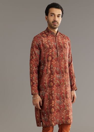 Rust Pashmina Silk Kurta Set With Stone Embellishment