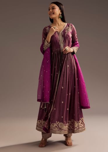 Wine Zardosi Sequins Anarkali Pant Dupatta Set