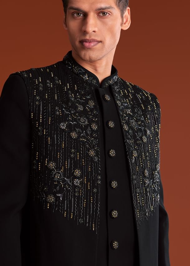 Black Indowestern Jacket Set With Zari And Pearl Work