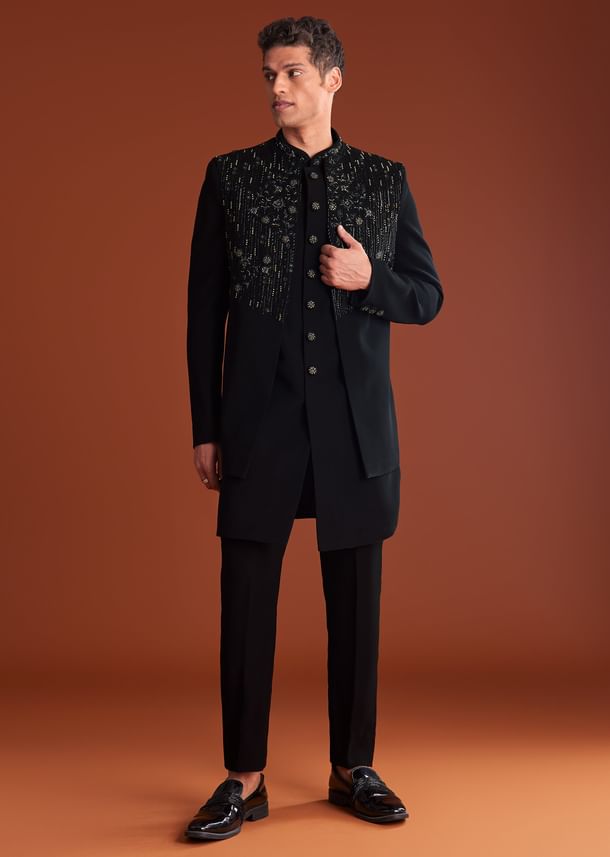 Black Indowestern Jacket Set With Zari And Pearl Work