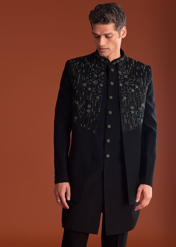 Black Indowestern Jacket Set With Zari And Pearl Work