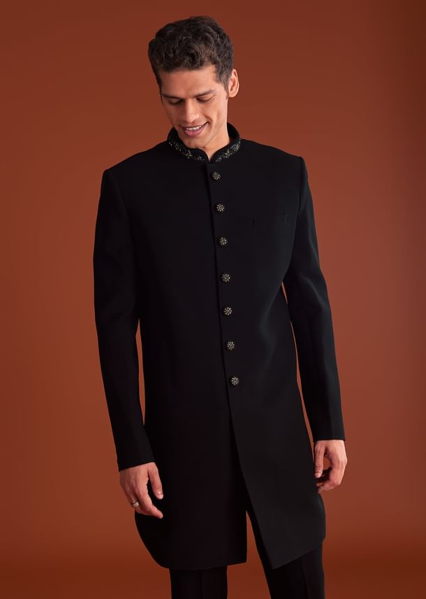 Black Indowestern Jacket Set With Zari And Pearl Work