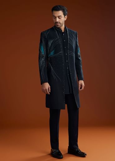 Blue Suiting Indo Jacket Set With Starlit Cutdana Work