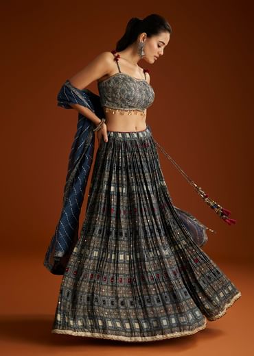 Blue Satin Ajrakh Printed Lehenga Choli With Dupatta