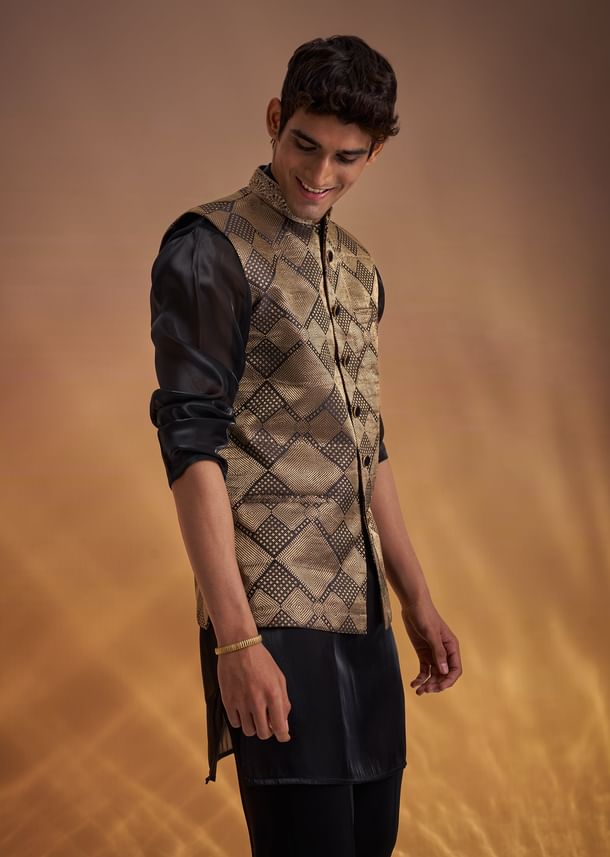 Black Organza Kurta Jacket Set With Self Embroidery