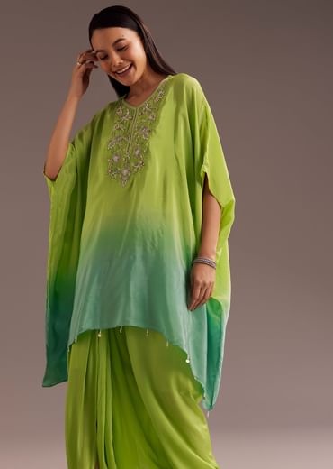 Green Ombre Zardosi Crepe Kaftan Kurta Dhoti Set