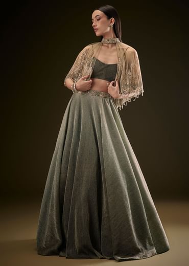 Bottle Green Crush Lehenga With Choker Style Cape Bottle Green Crush Lehenga With Choker Style Cape