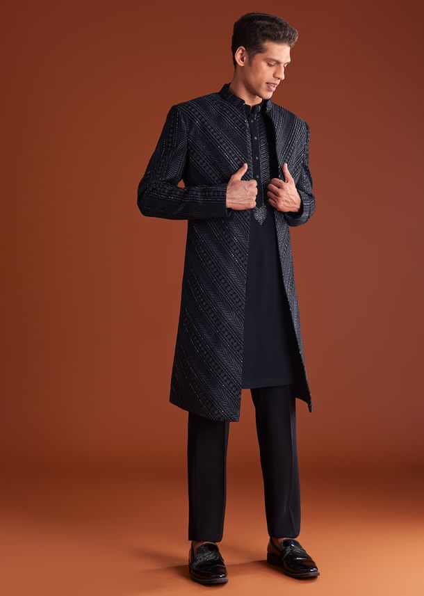 Blue Velvet Indowestern Suit With Cutdana And Thread Work