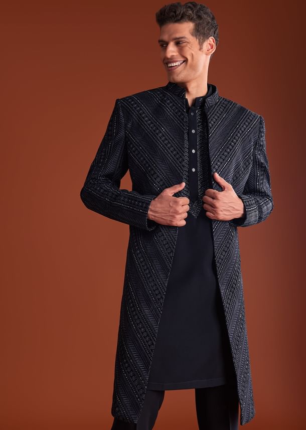 Blue Velvet Indowestern Suit With Cutdana And Thread Work