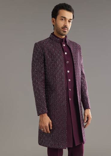 Wine Indo Western Set With Embellished Salli And Diamond Work
