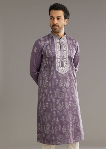 Purple Silk Vine Motif Printed Kurta Set With Thread Work