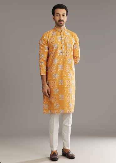 Yellow Silk Kurta Set With Print Work