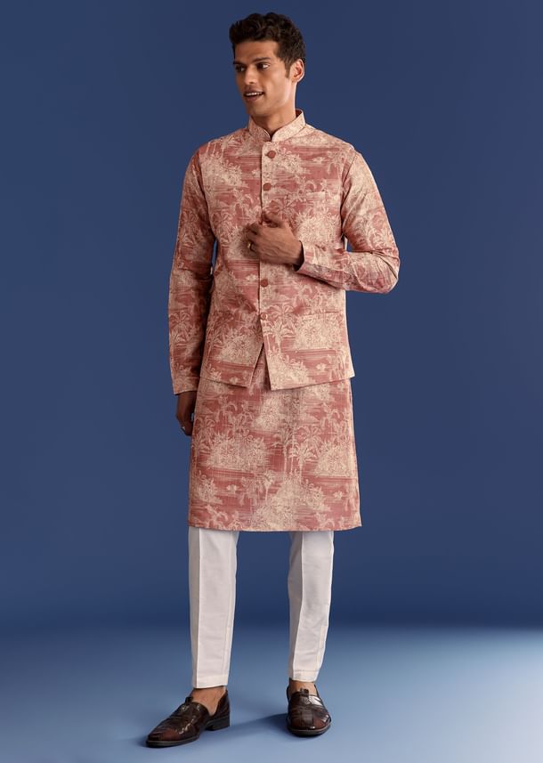 Rust Cotton Silk Kurta Jacket Set With Coastal Print