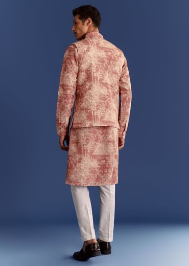 Rust Cotton Silk Kurta Jacket Set With Coastal Print