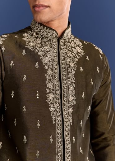 Mehndi Green Cotton Silk Kurta Jacket Set With Mirror Work
