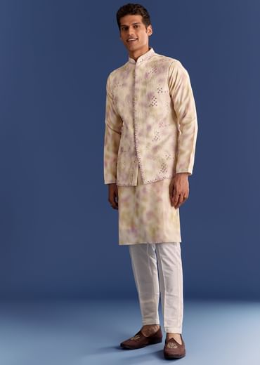 Pink Cotton Silk Tie Dye Printed Kurta Jacket Set With Mirror Work
