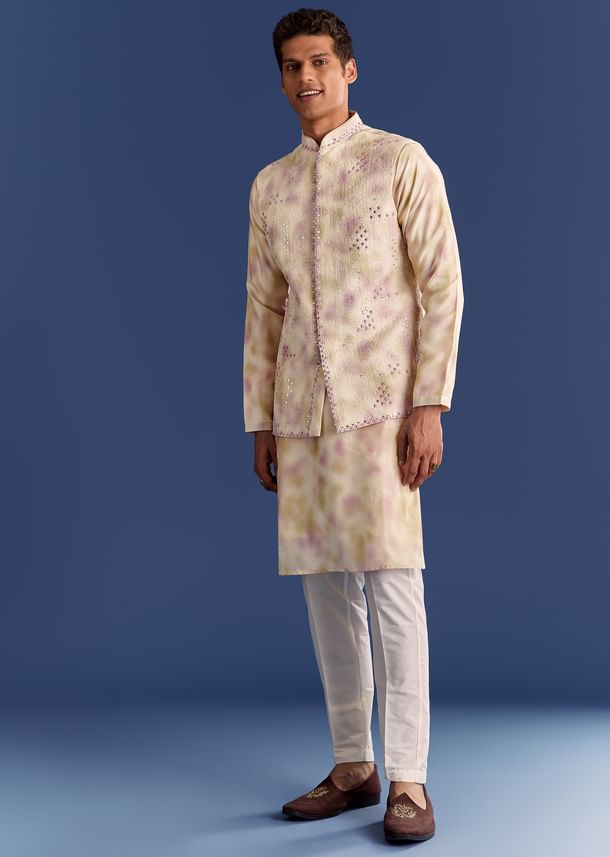 Pink Cotton Silk Tie Dye Printed Kurta Jacket Set With Mirror Work