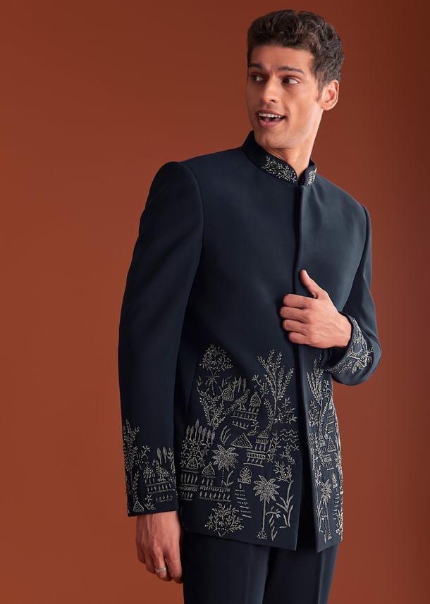 Navy Blue Jodhpuri Suit In Lachkaa Fabric With Hand Embroidery