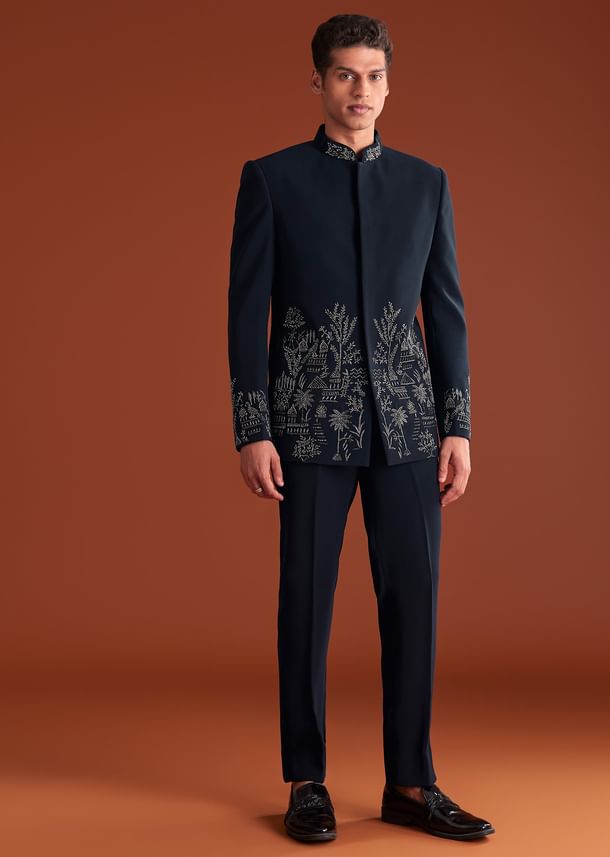 Navy Blue Jodhpuri Suit In Lachkaa Fabric With Hand Embroidery