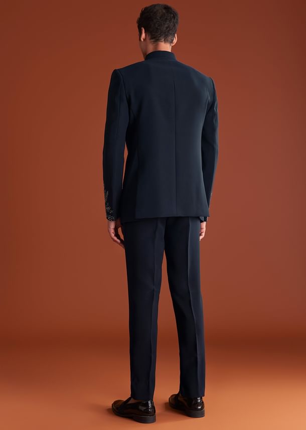 Navy Blue Jodhpuri Suit In Lachkaa Fabric With Hand Embroidery