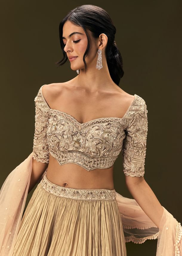 Light Peach Banarasi Silk Lehenga Dupatta With Embroidered Blouse Light Peach Banarasi Silk Lehenga Dupatta With Embroidered Blouse