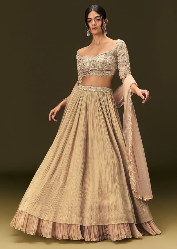 Light Peach Banarasi Silk Lehenga Dupatta With Embroidered Blouse Light Peach Banarasi Silk Lehenga Dupatta With Embroidered Blouse