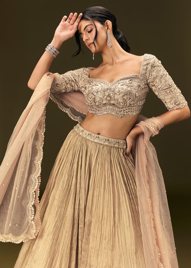 Light Peach Banarasi Silk Lehenga Dupatta With Embroidered Blouse Light Peach Banarasi Silk Lehenga Dupatta With Embroidered Blouse