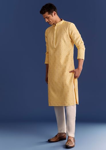 Yellow Benaras Jacquard Kurta Set With Print